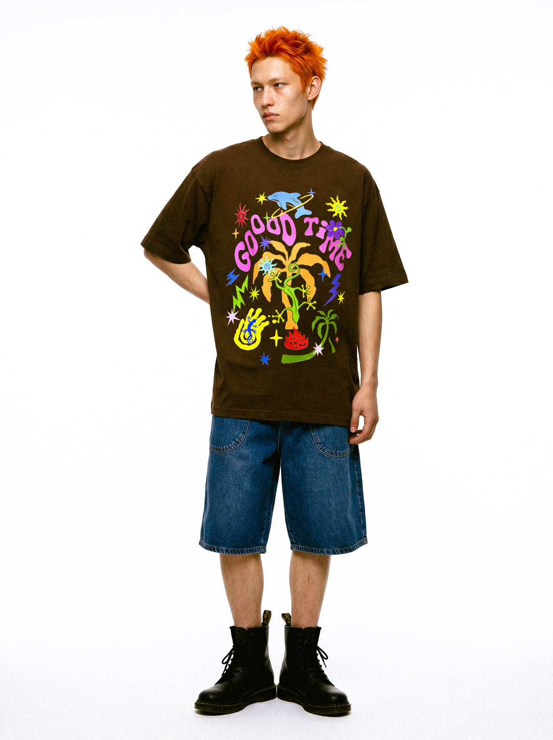 DEADENDKIDS GOOD TIMES oversized graphic tee — full-length modeled view