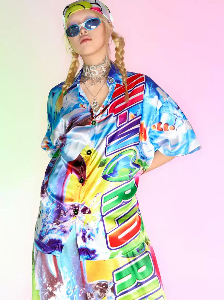 DEADENDKIDS ISLAND GRAFFITI satin-effect shirt — alternate styled presentation