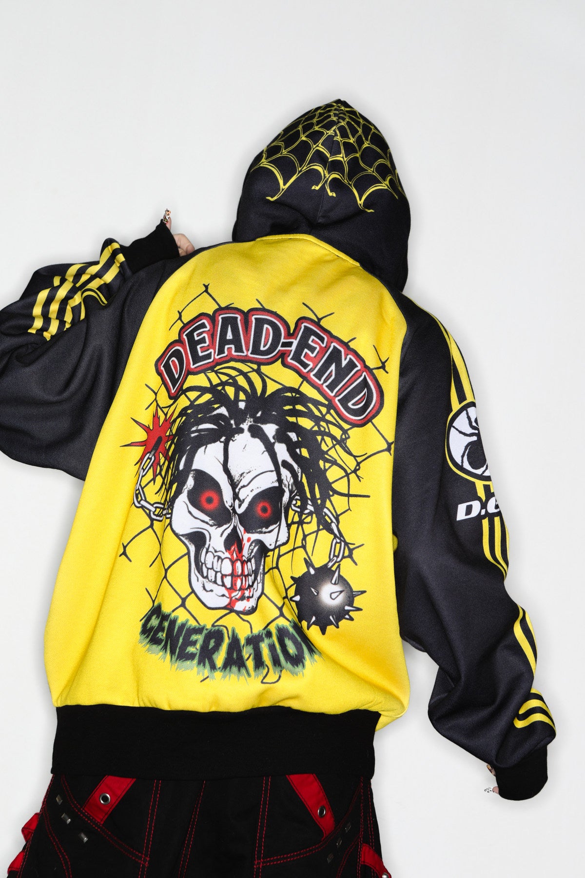 DeadEndKids Hardcore Generation skeleton zip-up hoodie — modeled front, hood
