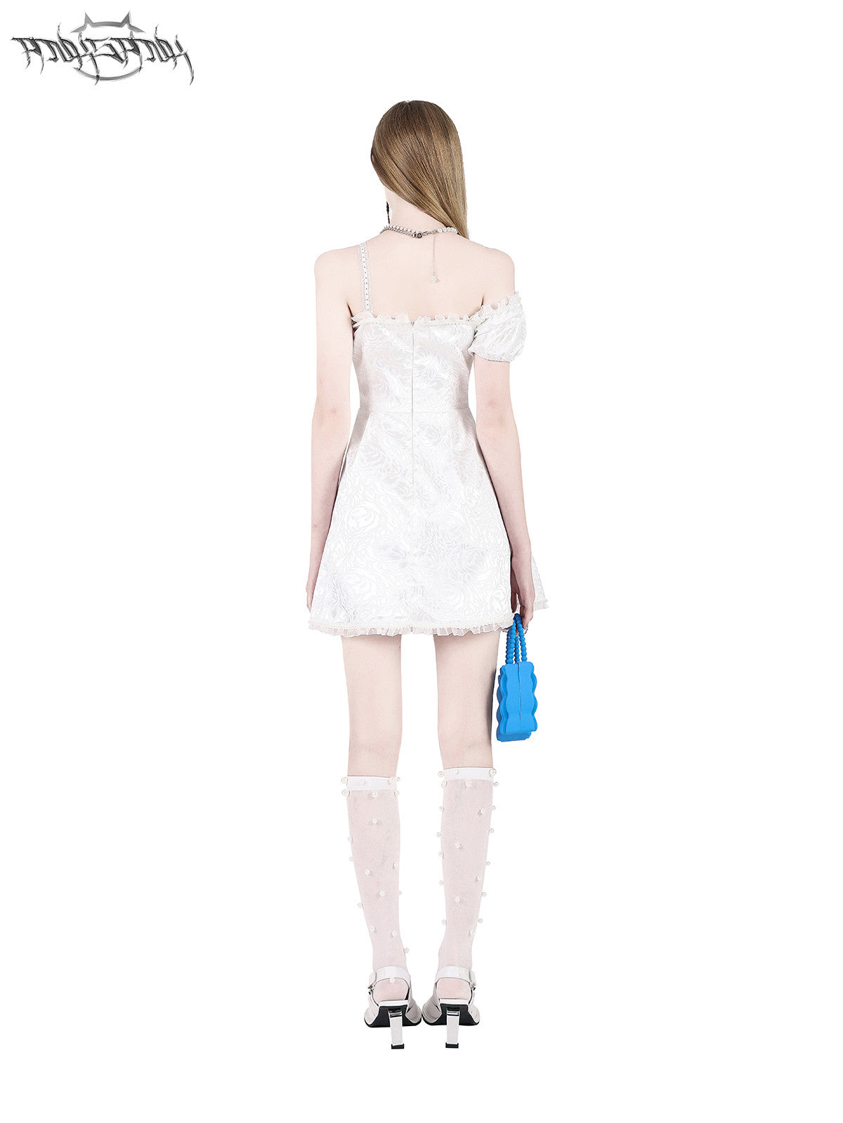 PINKSPINK FAIRY pearl-trim asymmetric mini dress — back full-length modeled view showing the rear fastening