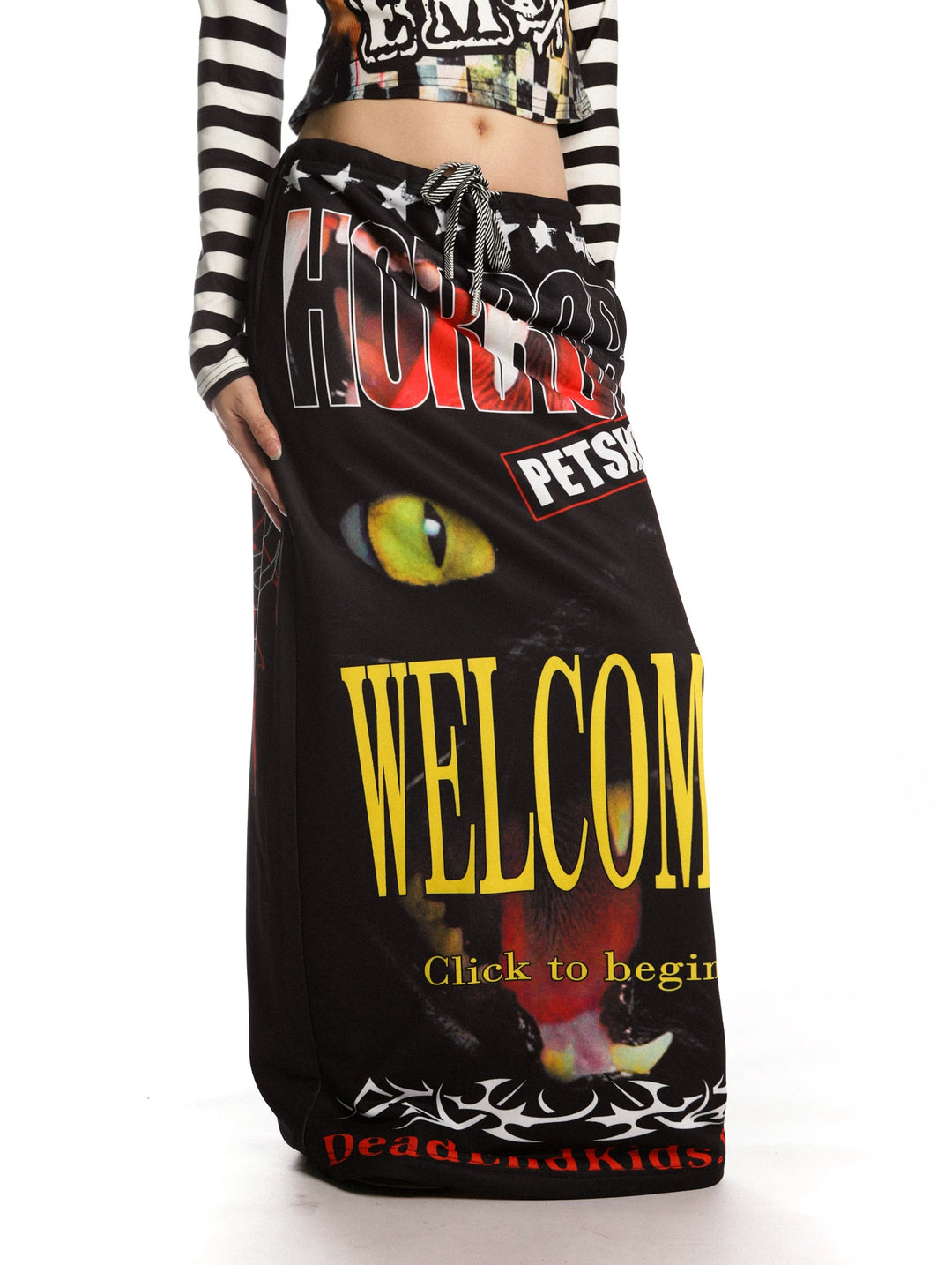 DeadEndKids Horror Petshop black graphic maxi skirt — front skirt detail