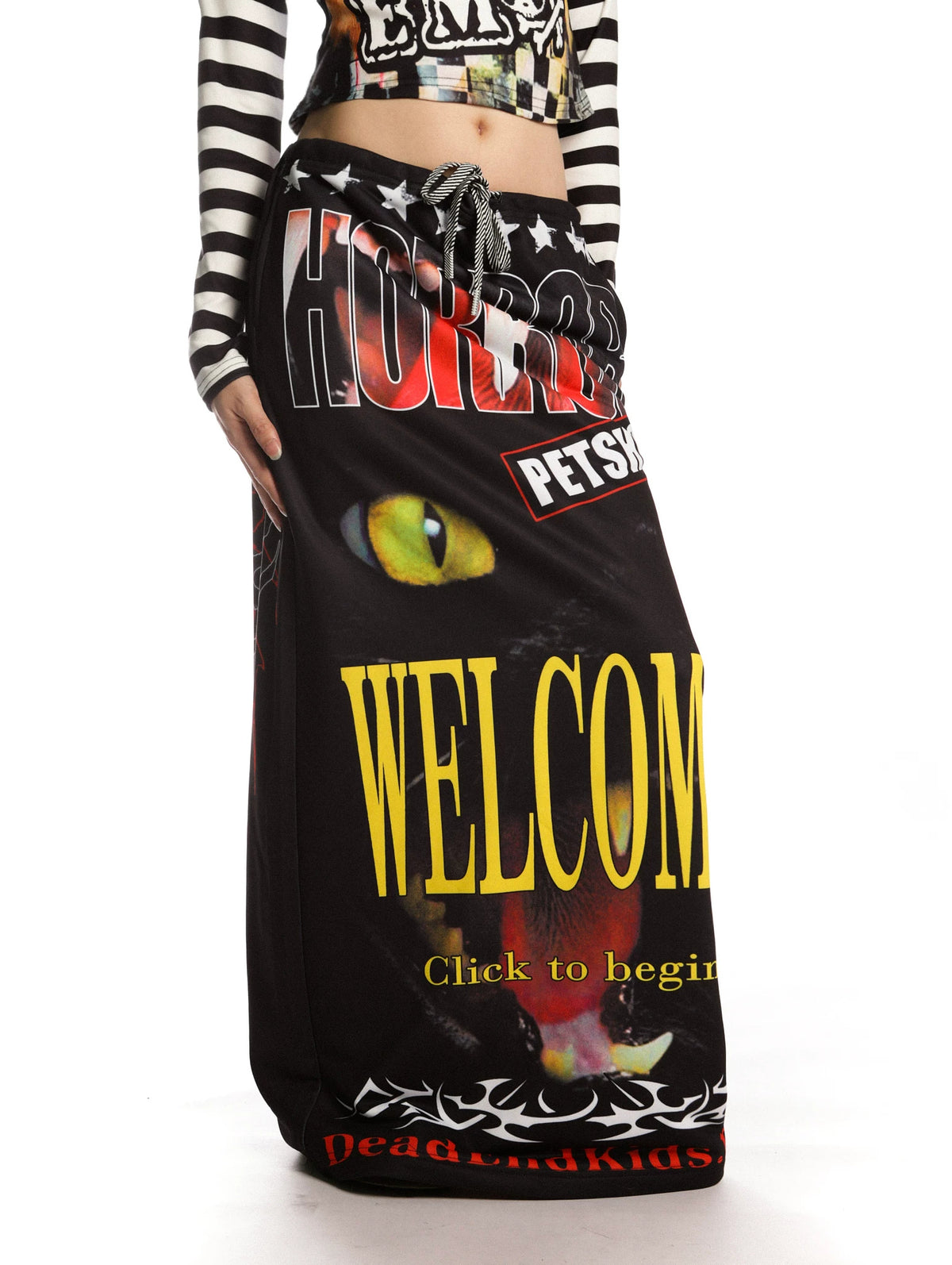 DeadEndKids Horror Petshop black graphic maxi skirt — front skirt detail