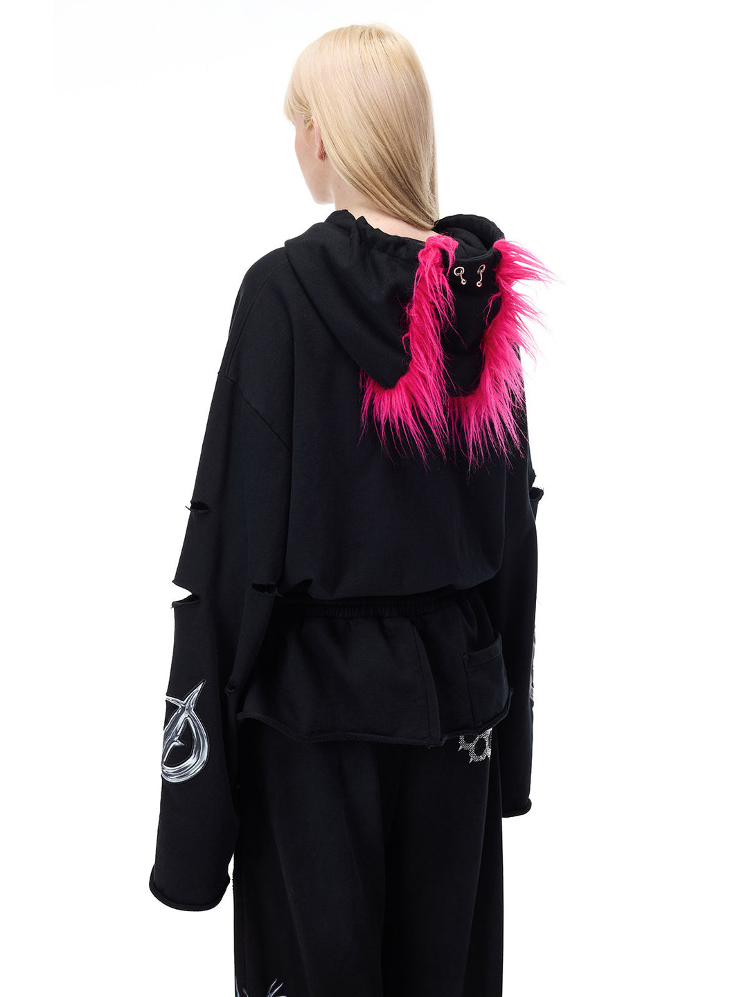 PINKSPINK MOHAWK RITUAL studded zip-up hoodie — back modeled view with hood lowered
