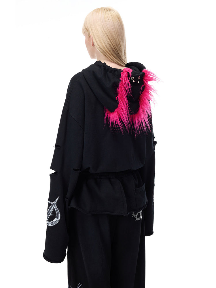 PINKSPINK MOHAWK RITUAL studded zip-up hoodie — back modeled view with hood lowered