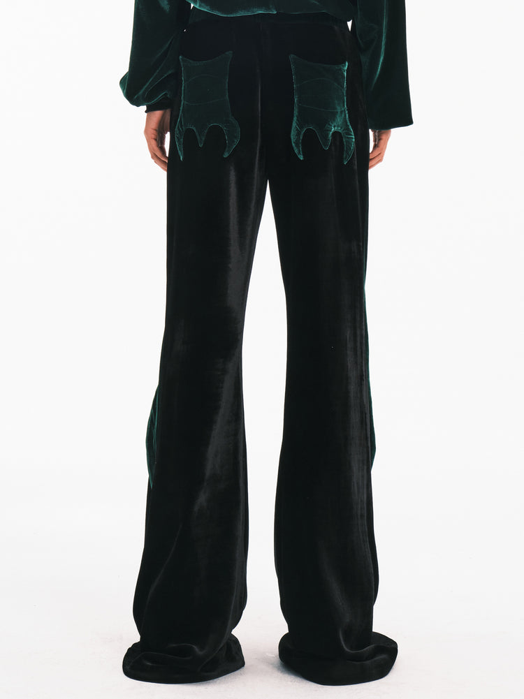 EMBRYO GREEN SPIKE velvet wide-leg pants — side profile