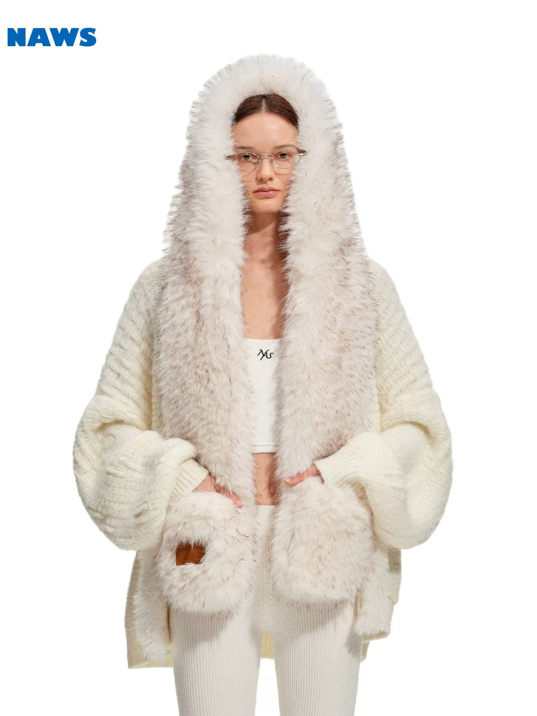 NAWS ARCTIC shearling-collar wool-mohair cardigan — cleaned hero collage showing the complete design