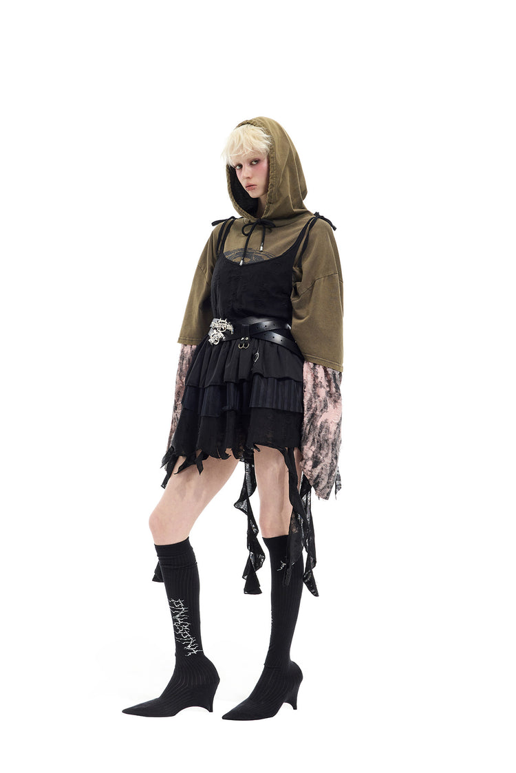 PINKSPINK ELECTRIC MOON two-way layered lace mini dress — black dress over olive hooded tee — angled full-length view