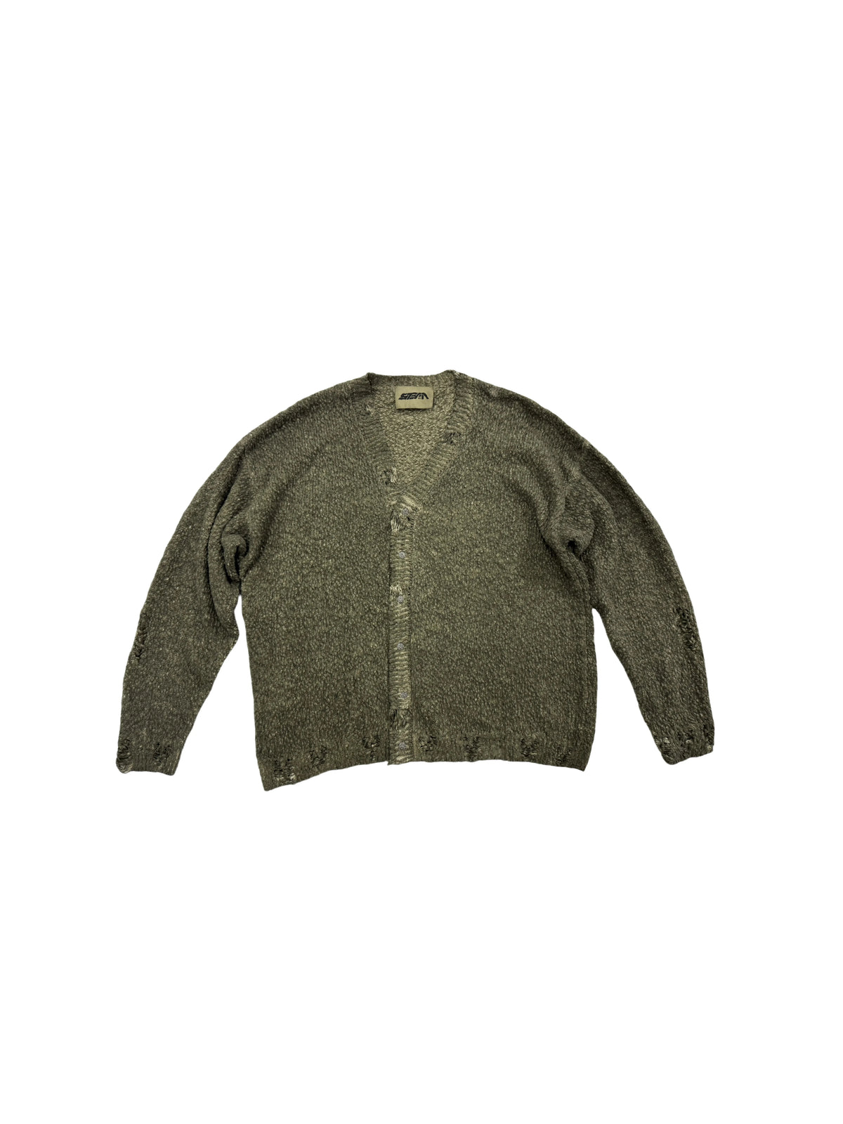 PIONEER tundra green moon-protection distressed sweater — front flat-lay view showing the washed green knit, V-neck and distressed button placket