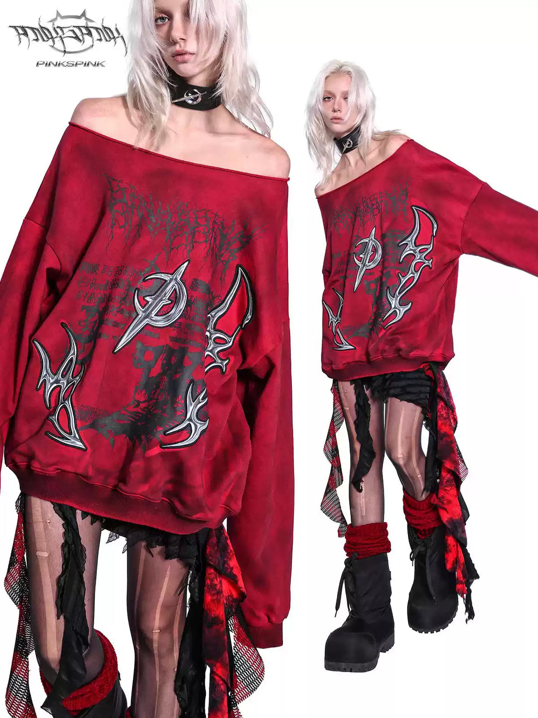 PINKSPINK ELECTRIC MOON off-shoulder sweatshirt in RED — two-pose front hero collage.