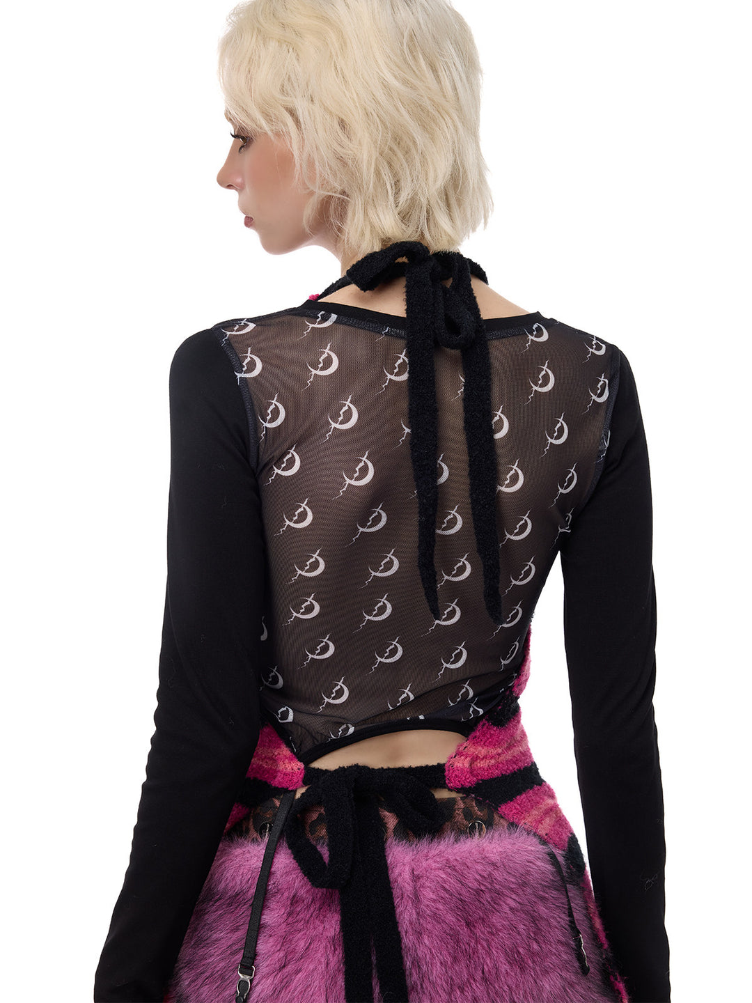 PINKSPINK ELECTRIC MOON patchwork knit layering apron — pink black stripe rear neckline and tie detail