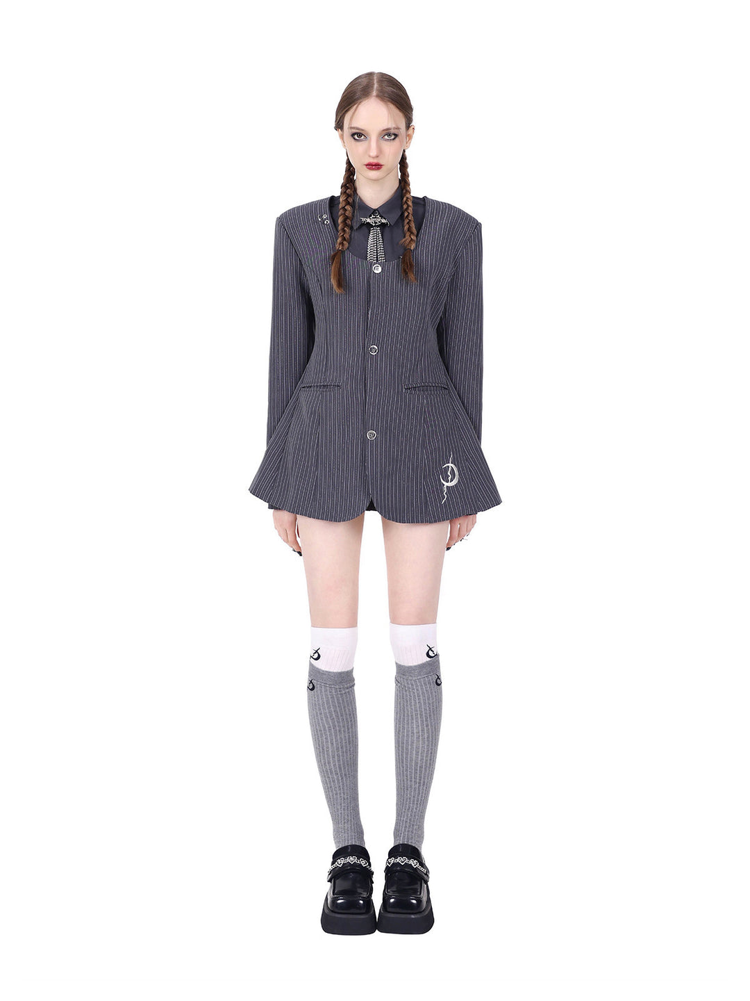 PINKSPINK ELECTRIC MOON pinstripe ring-detail blazer dress in gray pinstripe — full-length straight front modeled view with gray socks