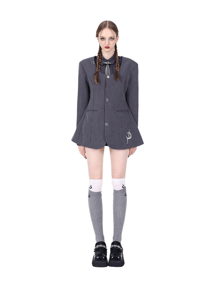 PINKSPINK ELECTRIC MOON pinstripe ring-detail blazer dress in gray pinstripe — full-length straight front modeled view with gray socks