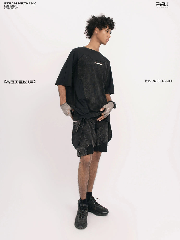 STARCORE black tortoise velcro mesh tee — full-length side modeled view with hand at the hip