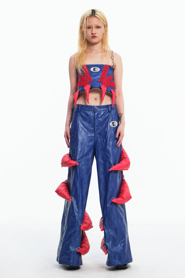 EMBRYO RED CLAW convertible padded PU pants — garment-only view