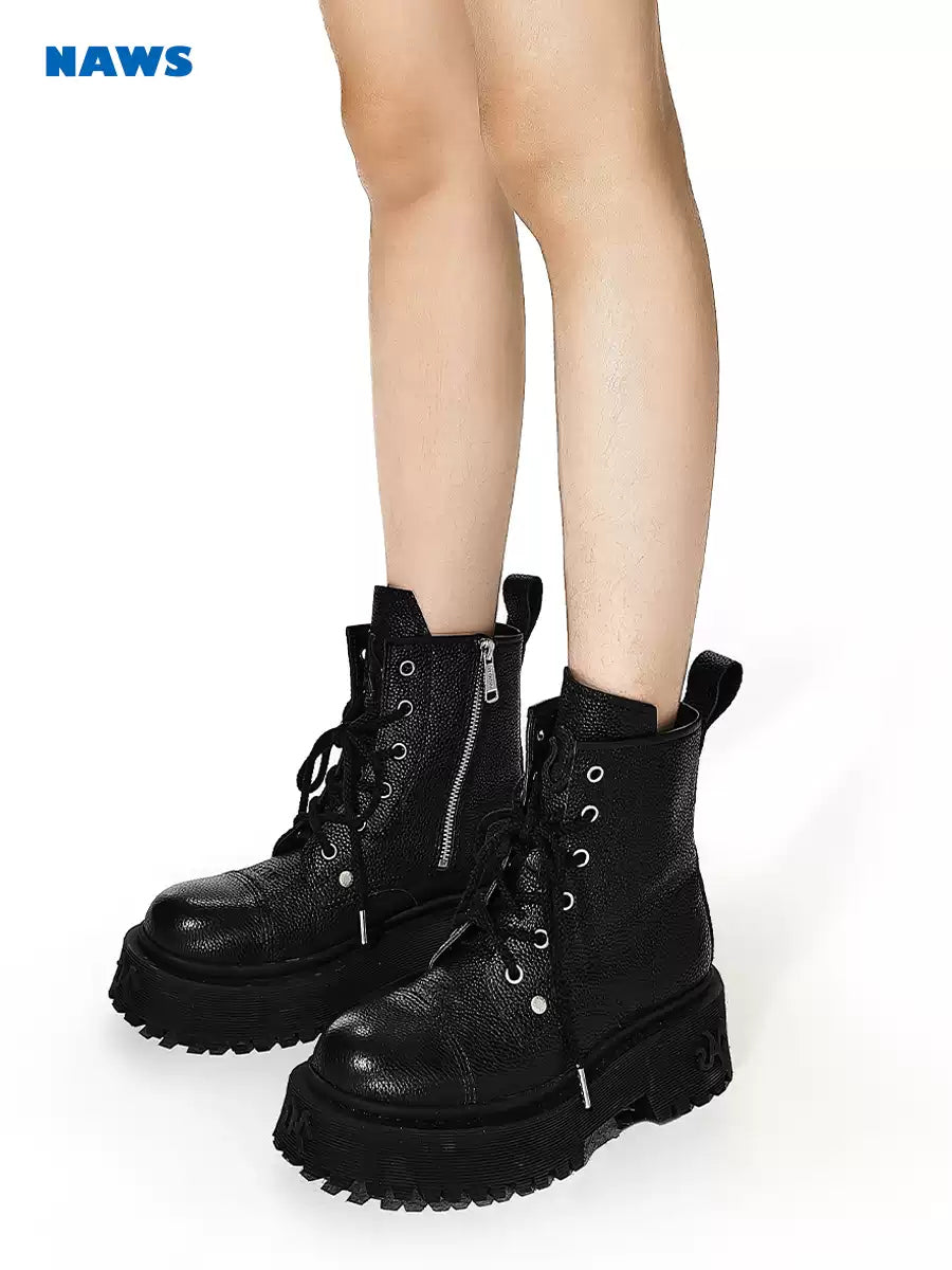 NAWS PORCELAIN GLOW platform leather moto boots — alternate modeled view showing the silhouette