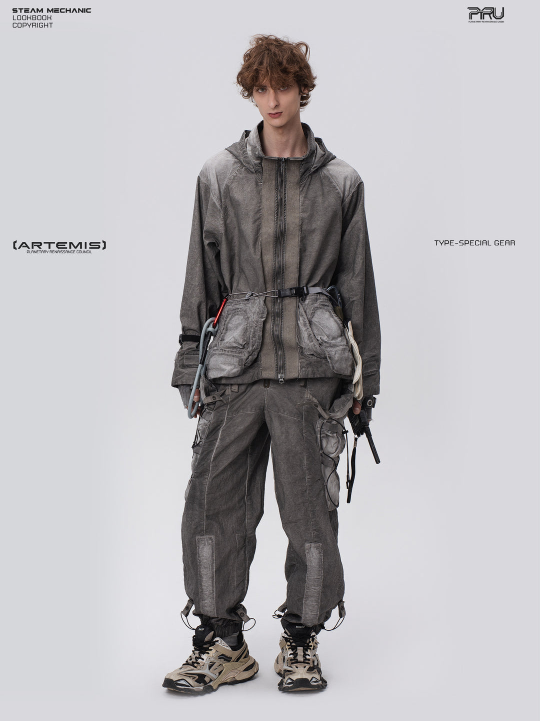 STARCORE meteor gray distressed work jacket — full-length front view with a relaxed angled stance