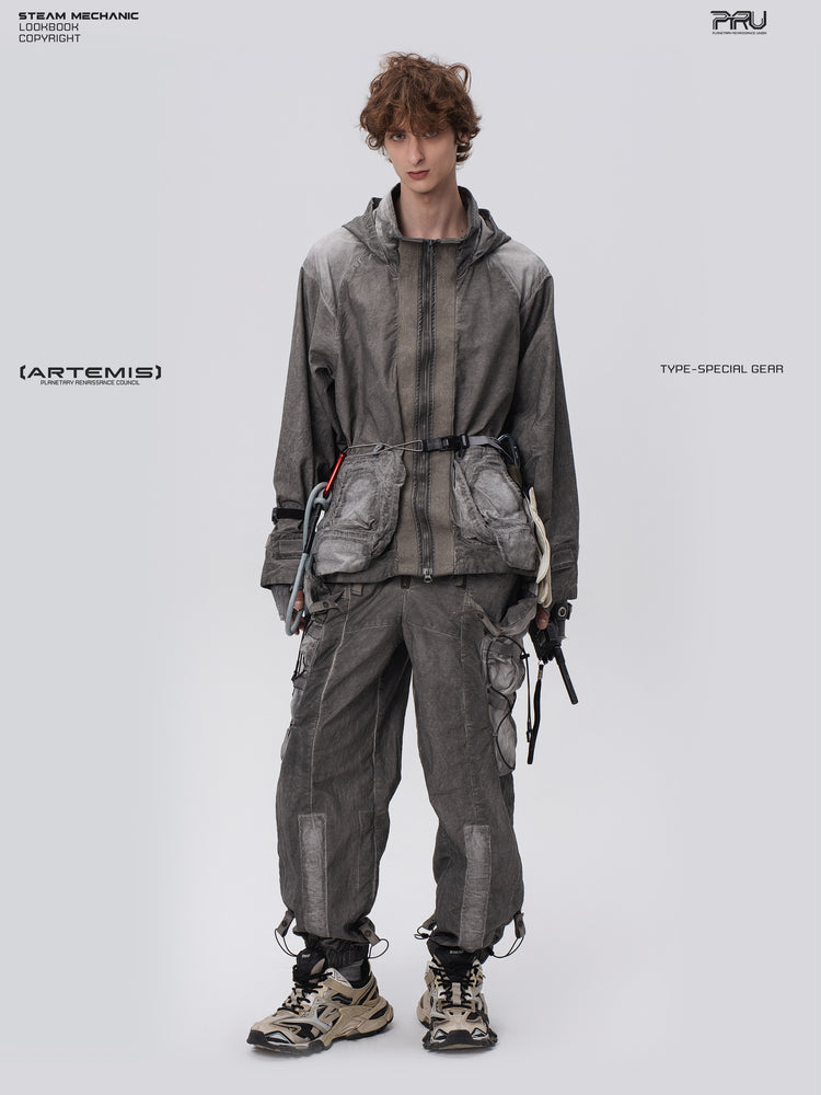 STARCORE meteor gray distressed work jacket — full-length front view with a relaxed angled stance