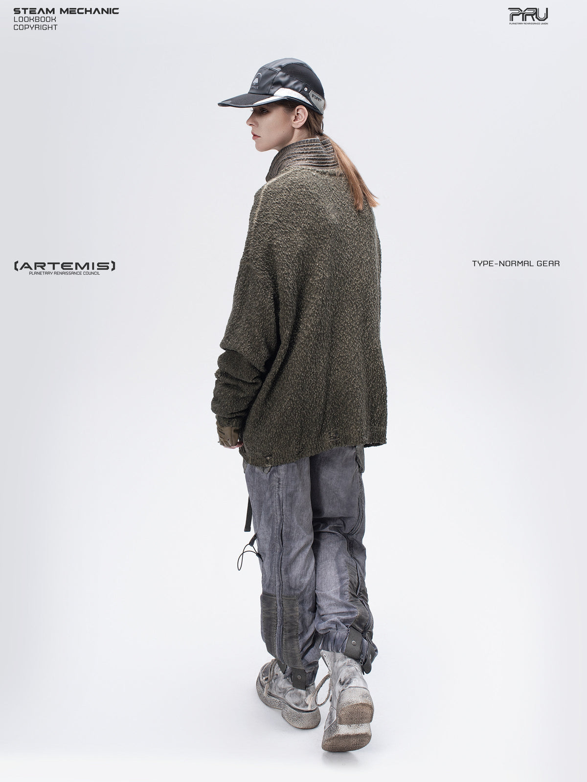 PIONEER tundra green moon-protection distressed sweater — material and silhouette detail