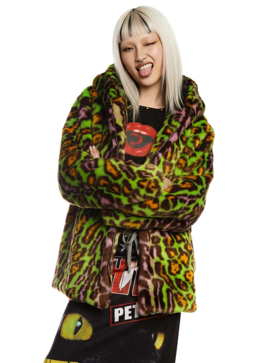 DeadEndKids leopard-print faux-fur hooded jacket in yellow green — modeled view with arms crossed