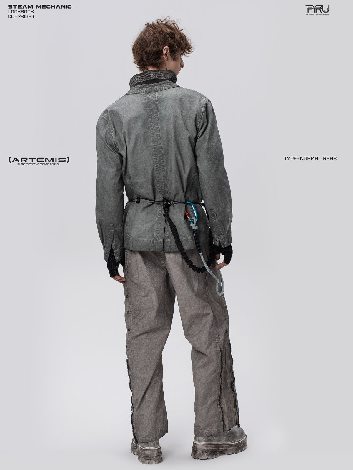 GAIA meteor gray open-collar technical robe — full-length modeled rear three-quarter view showing the center-back seam