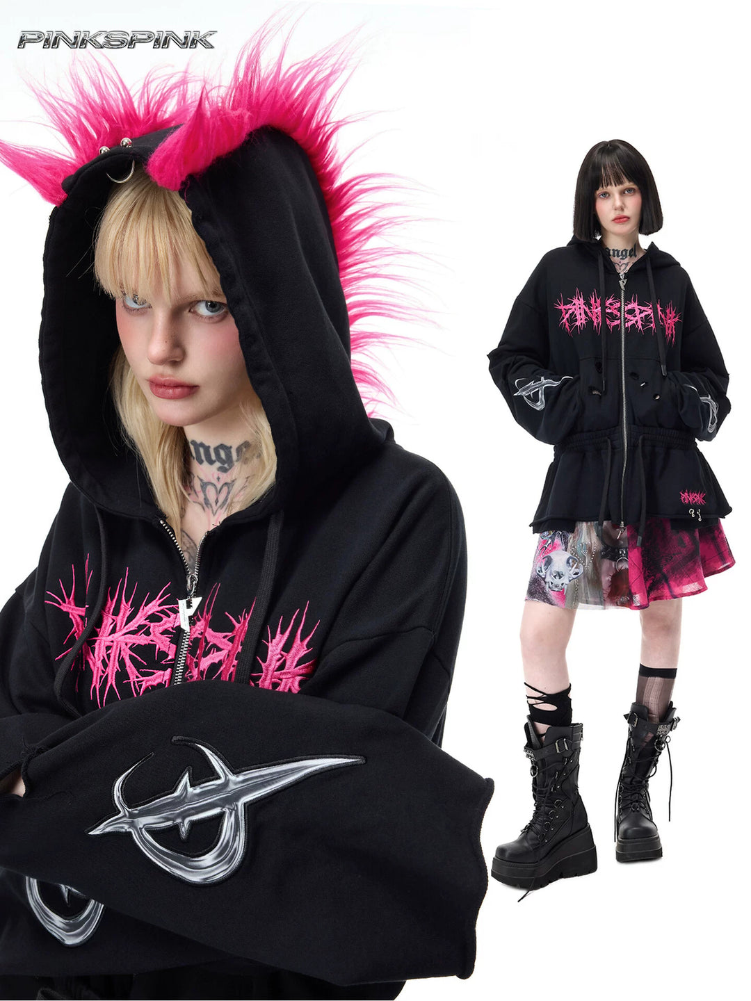 PINKSPINK MOHAWK RITUAL studded zip-up hoodie — black pink modeled collage with faux-fur mohawk hood