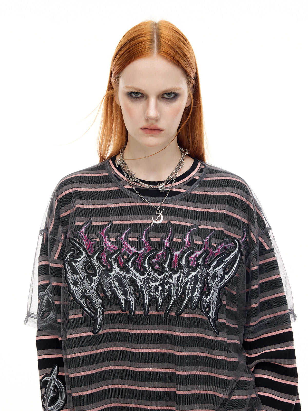 PINKSPINK ELECTRIC MOON striped mesh-overlay two-piece tee in black pink — neckline and graphic close-up showing both layers