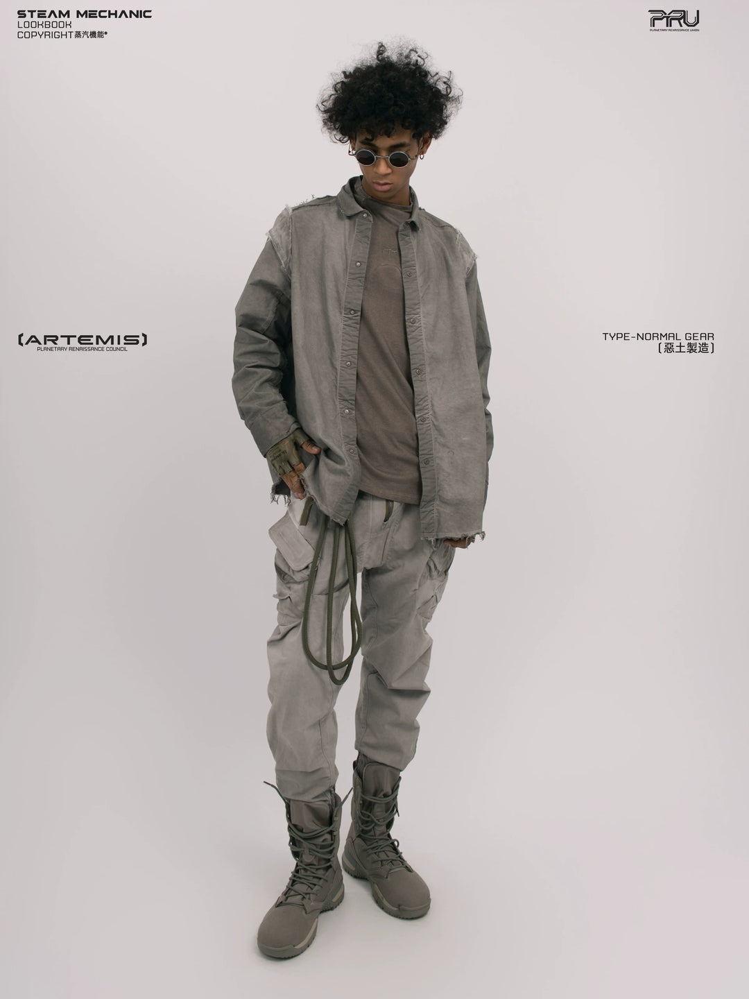 CHAOS ERA moon dust gray raw-edge technical shirt — alternate modeled angle