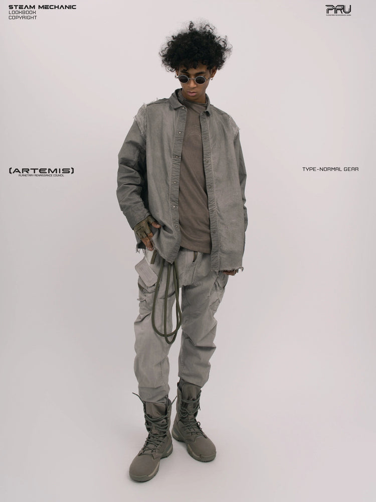CHAOS ERA moon dust gray raw-edge technical shirt — full-length front modeled view looking down