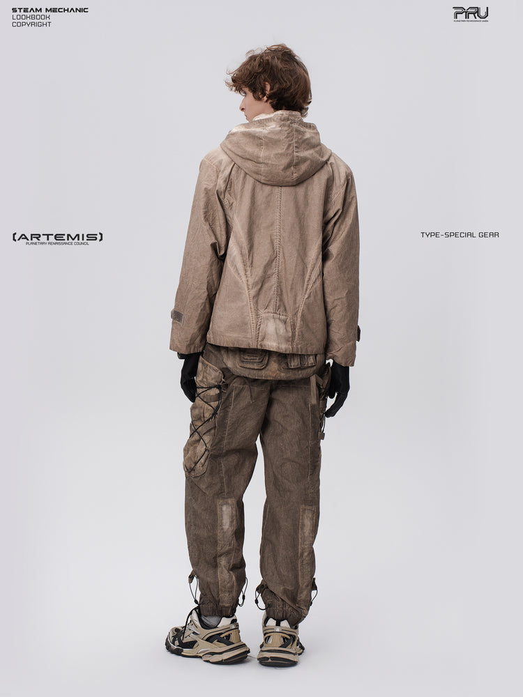 PIONEER gravel brown detachable-waist-bag work pants — full-length rear view styled with a hooded jacket
