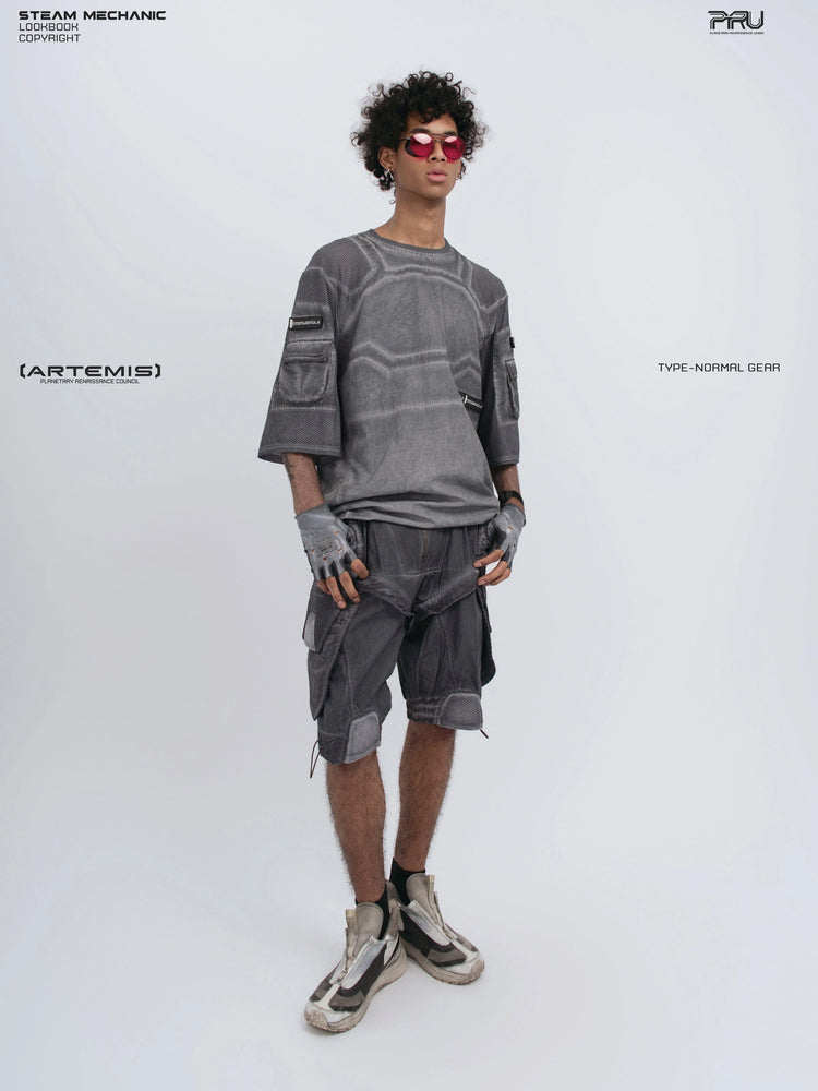 STARCORE moon dust gray velcro mesh tee — full-length front modeled view with one hand at the hem