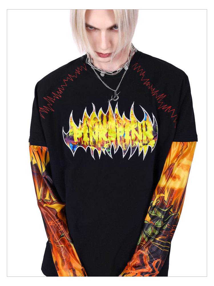 PINKSPINK FIRE CAT layered-sleeve graphic tee — alternate angle showing the shape and finish