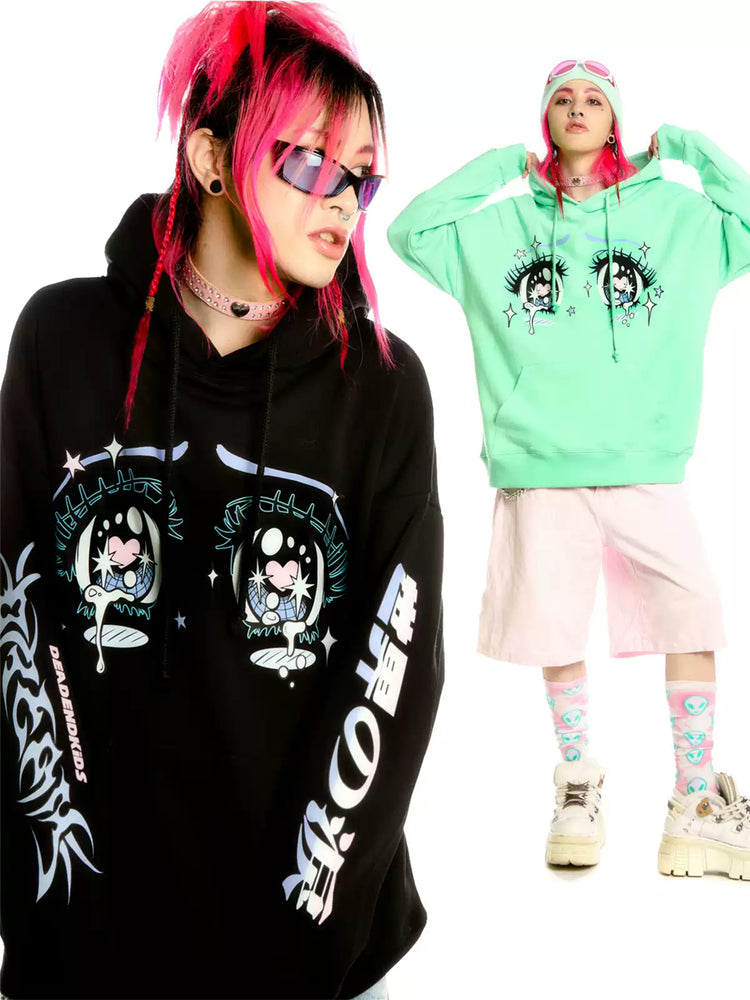 DEADENDKIDS ANIME TEARS oversized graphic hoodie — rear or construction presentation