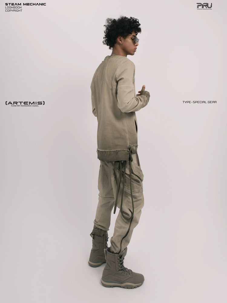 CHAOS ERA xirang brown raw-edge long-sleeve top — full-length rear three-quarter view looking right