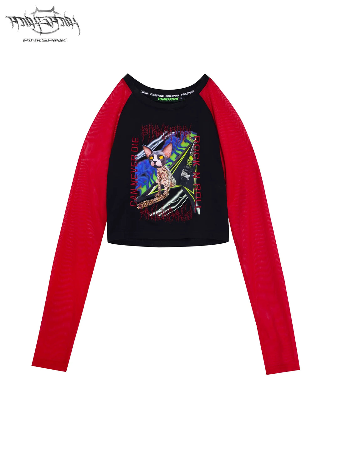 PINKSPINK SPHYNX red mesh-sleeve cropped graphic tee — black and red cropped tee — front garment-only view