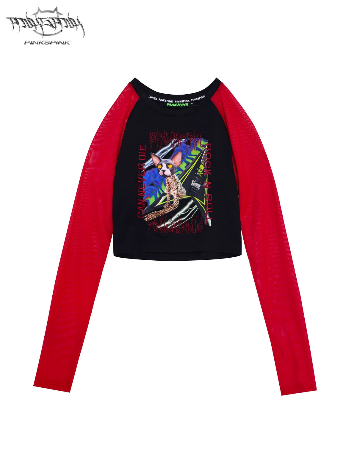 PINKSPINK SPHYNX red mesh-sleeve cropped graphic tee — black and red cropped tee — front garment-only view