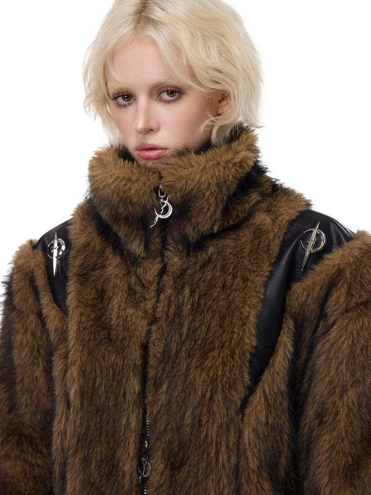 PINKSPINK ELECTRIC MOON paneled faux-fur jacket — front close-up of plush collar and trim