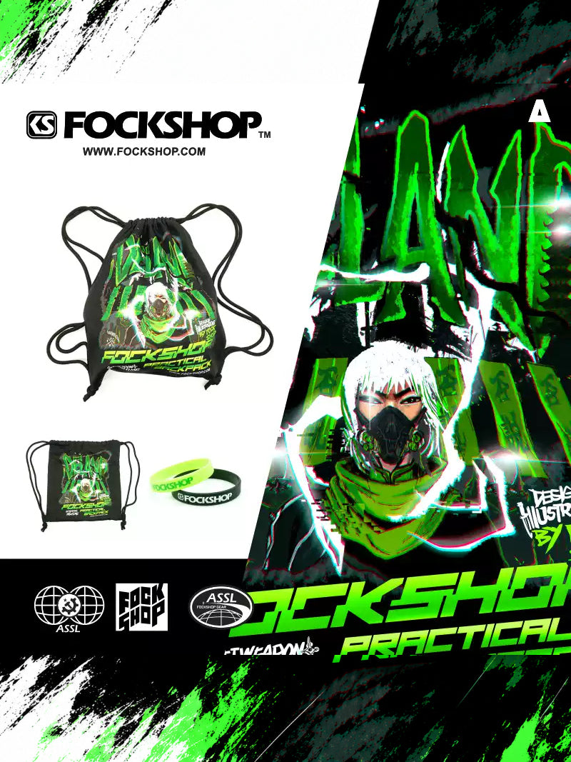 FOCKSHOP MASKPACK drawstring backpack — neon-green masked character design with matching graphic close-up