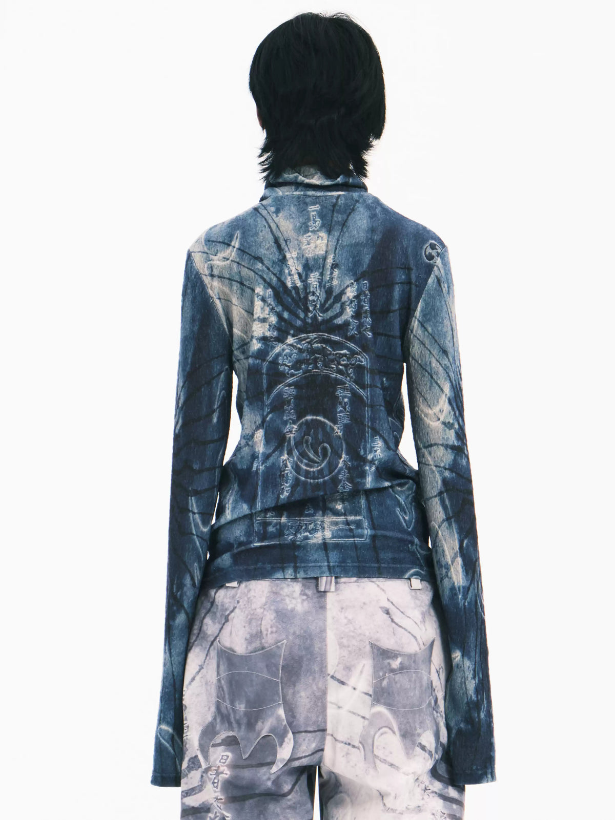 EMBRYO ANCIENT CODE textured mock-neck top — back modeled view