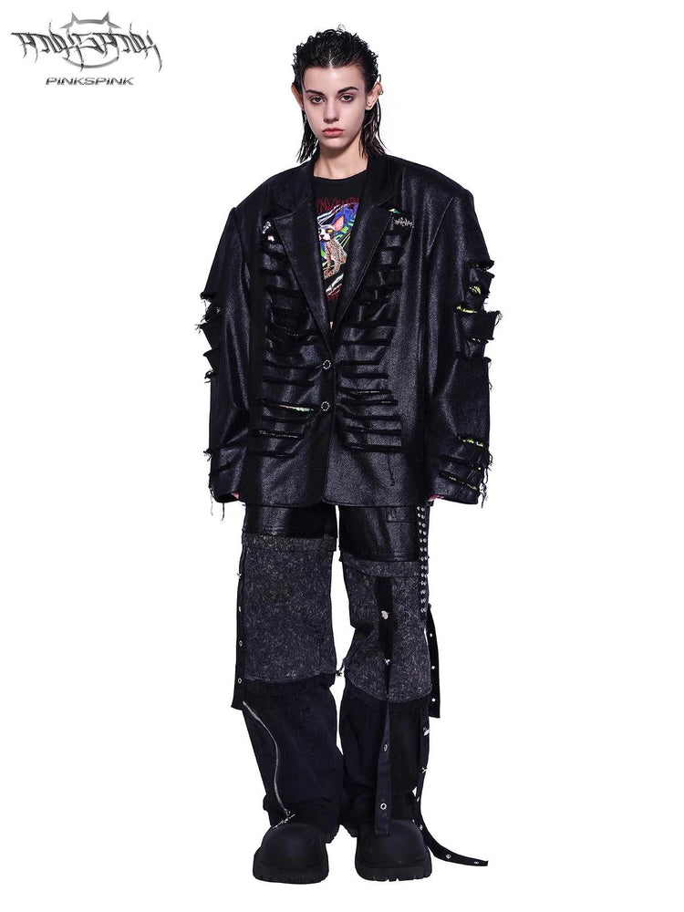 PINKSPINK RECOMBINATION stacked low-rise jeans in black — front view styled with a closed distressed black jacket.