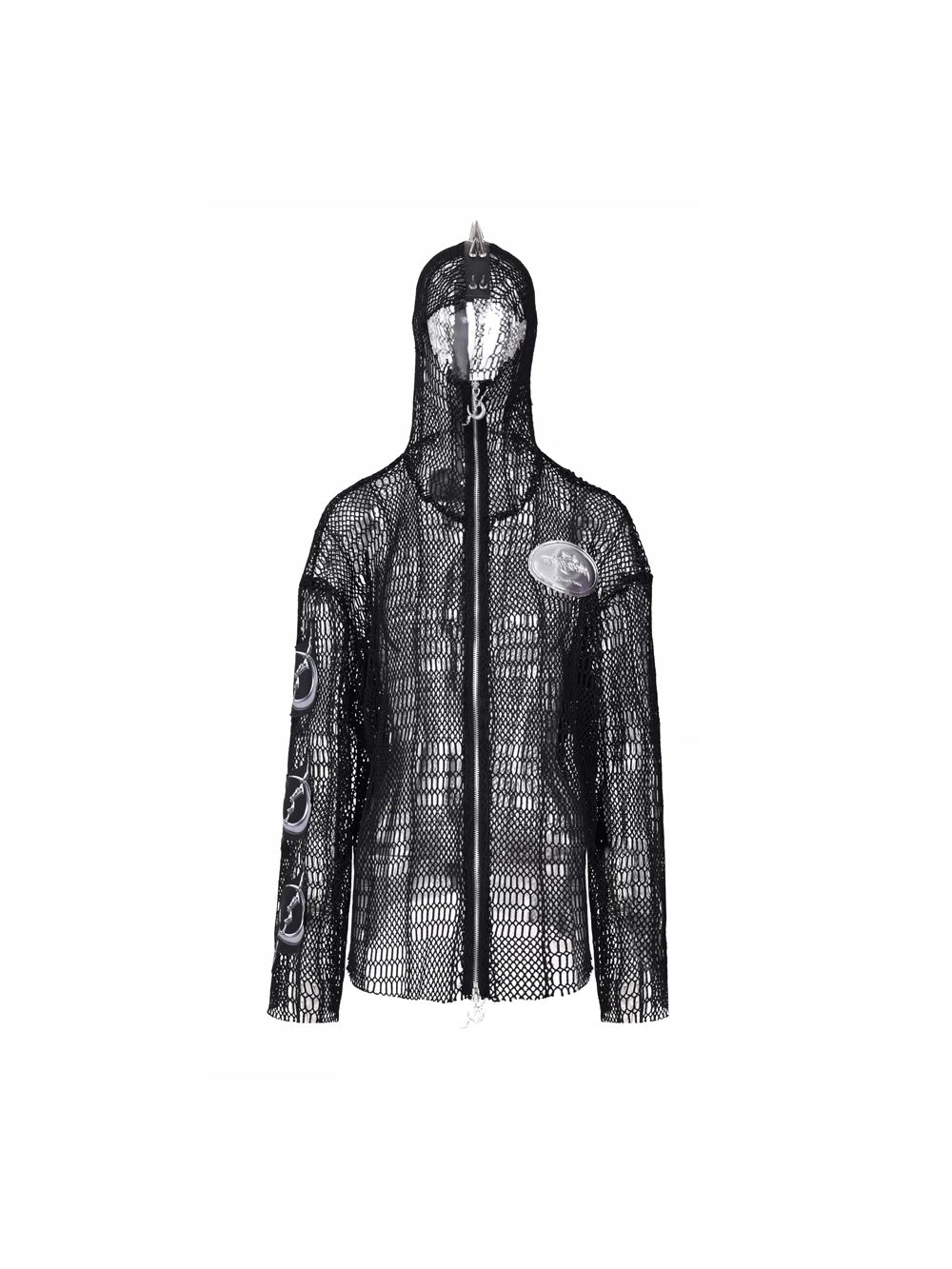 PINKSPINK ELECTRIC MOON spiked open-mesh zip hoodie in black — front garment-only view with the full-length zip closed