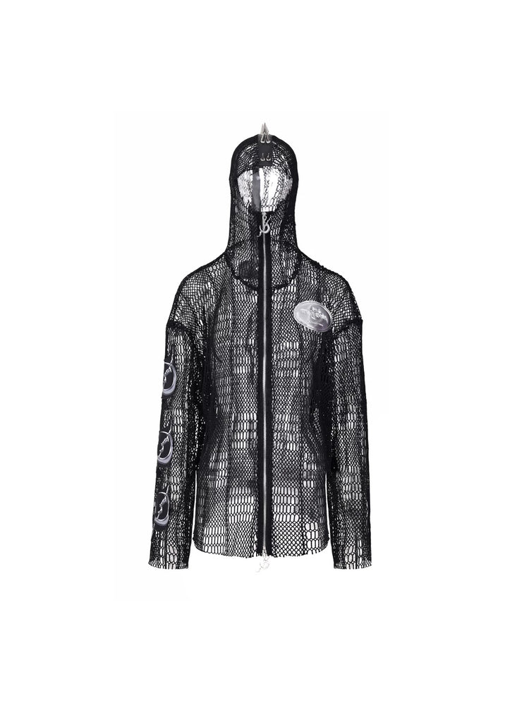 PINKSPINK ELECTRIC MOON spiked open-mesh zip hoodie in black — front garment-only view with the full-length zip closed