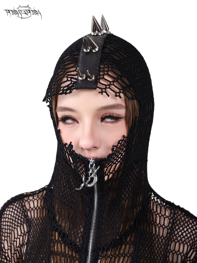 PINKSPINK ELECTRIC MOON spiked open-mesh zip hoodie in black — close-up of the spiked hood zipped across the lower face