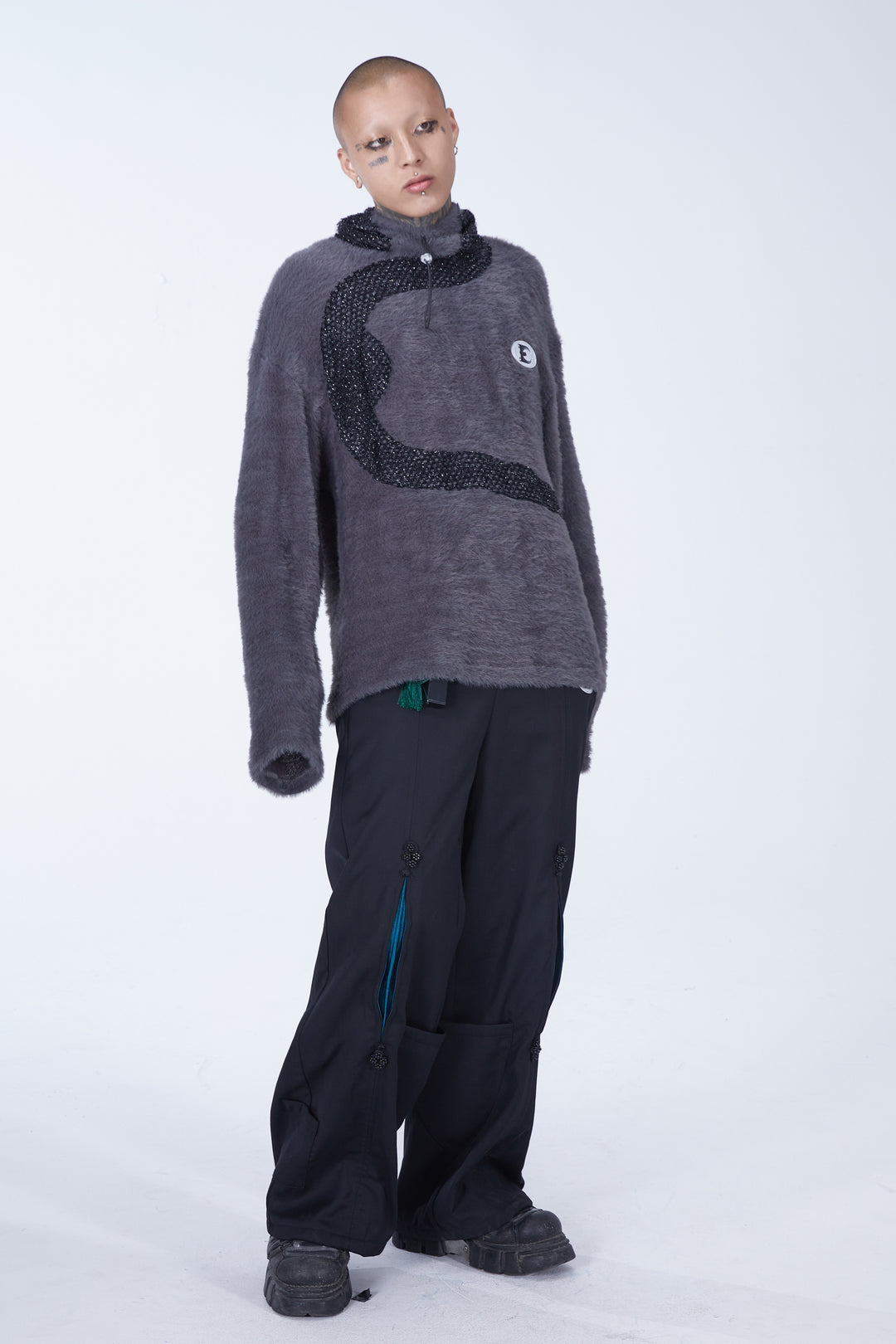 EMBRYO FUR COLLAR oversized plush sweatshirt — rear modeled view