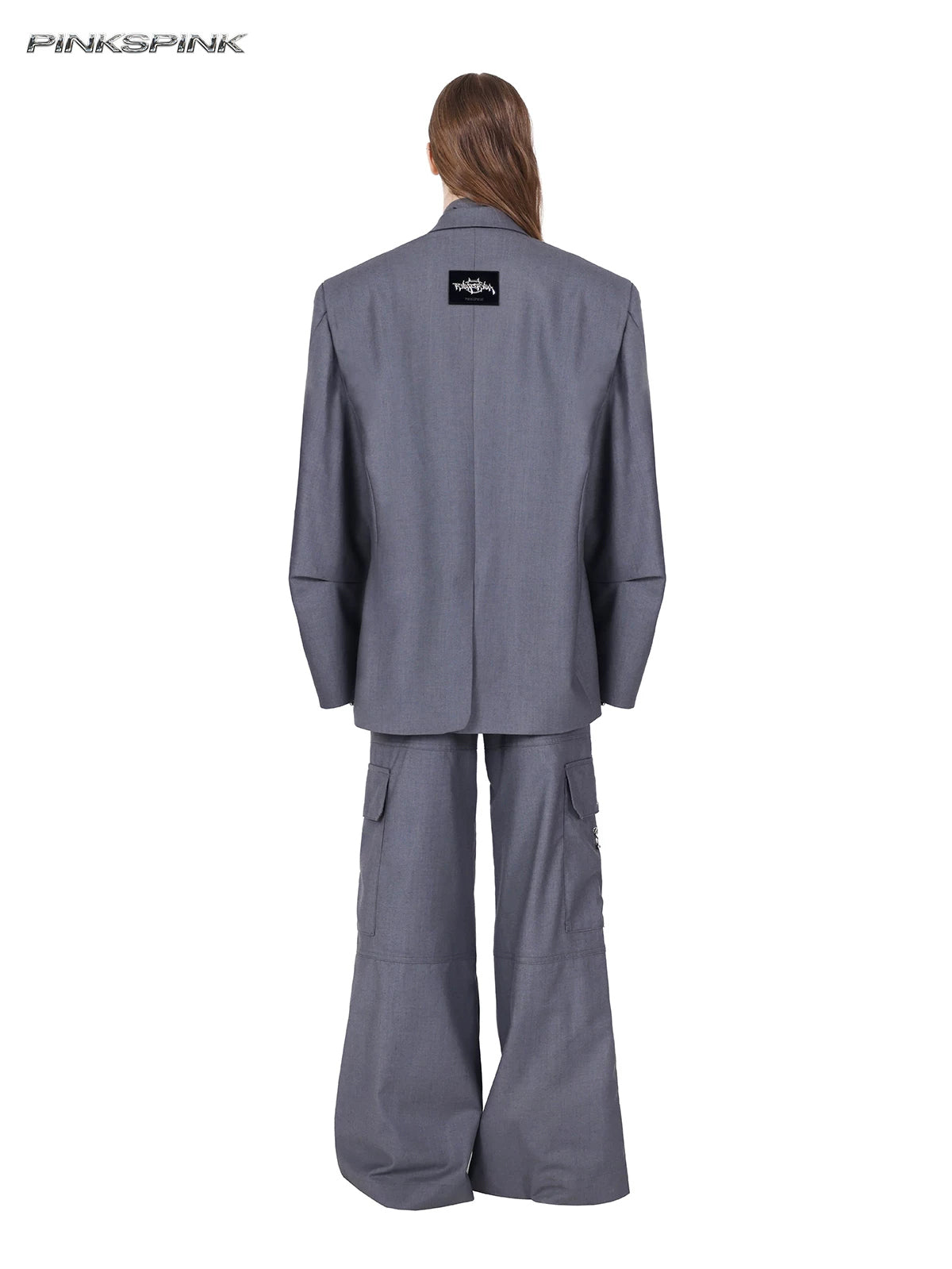 PINKSPINK REBEL pierced oversized tailored blazer in gray — full rear view showing the straight back and branded patch