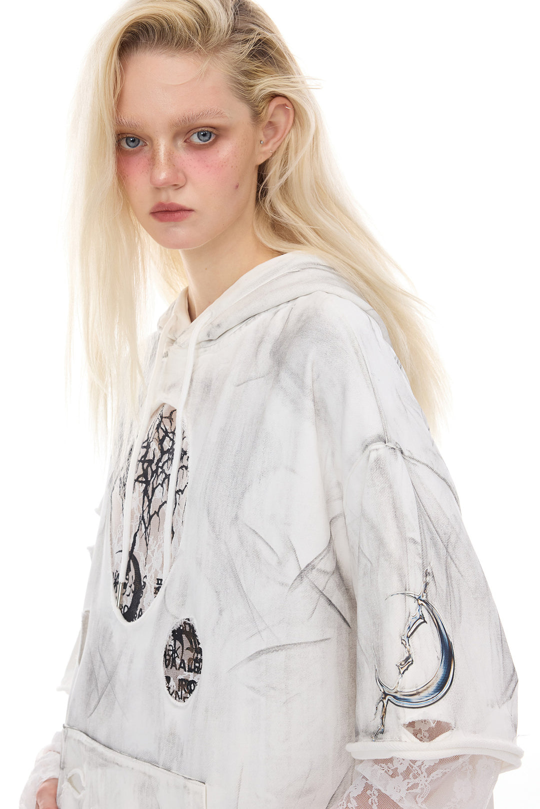 PINKSPINK ELECTRIC MOON coated distressed hoodie — alternate angle showing the shape and finish