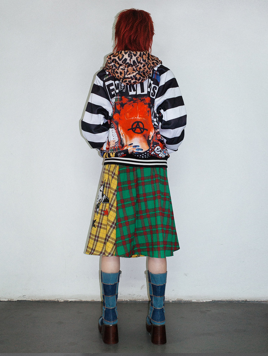 DeadEndKids BadGals Club double-sided plaid A-line skirt — yellow-green back view