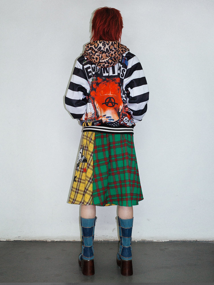 DeadEndKids BadGals Club double-sided plaid A-line skirt — yellow-green back view