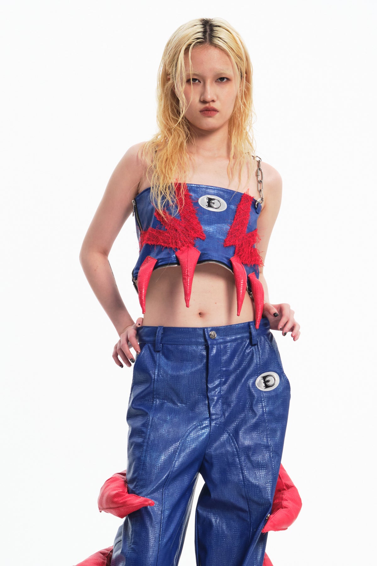 EMBRYO RED CLAW padded PU tube top — alternate modeled angle
