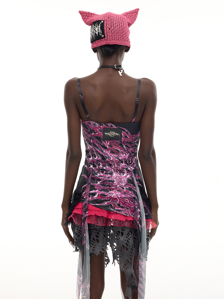 PINKSPINK NEON RIFT asymmetrical lace-trim mini dress — back modeled detail of fitted bodice