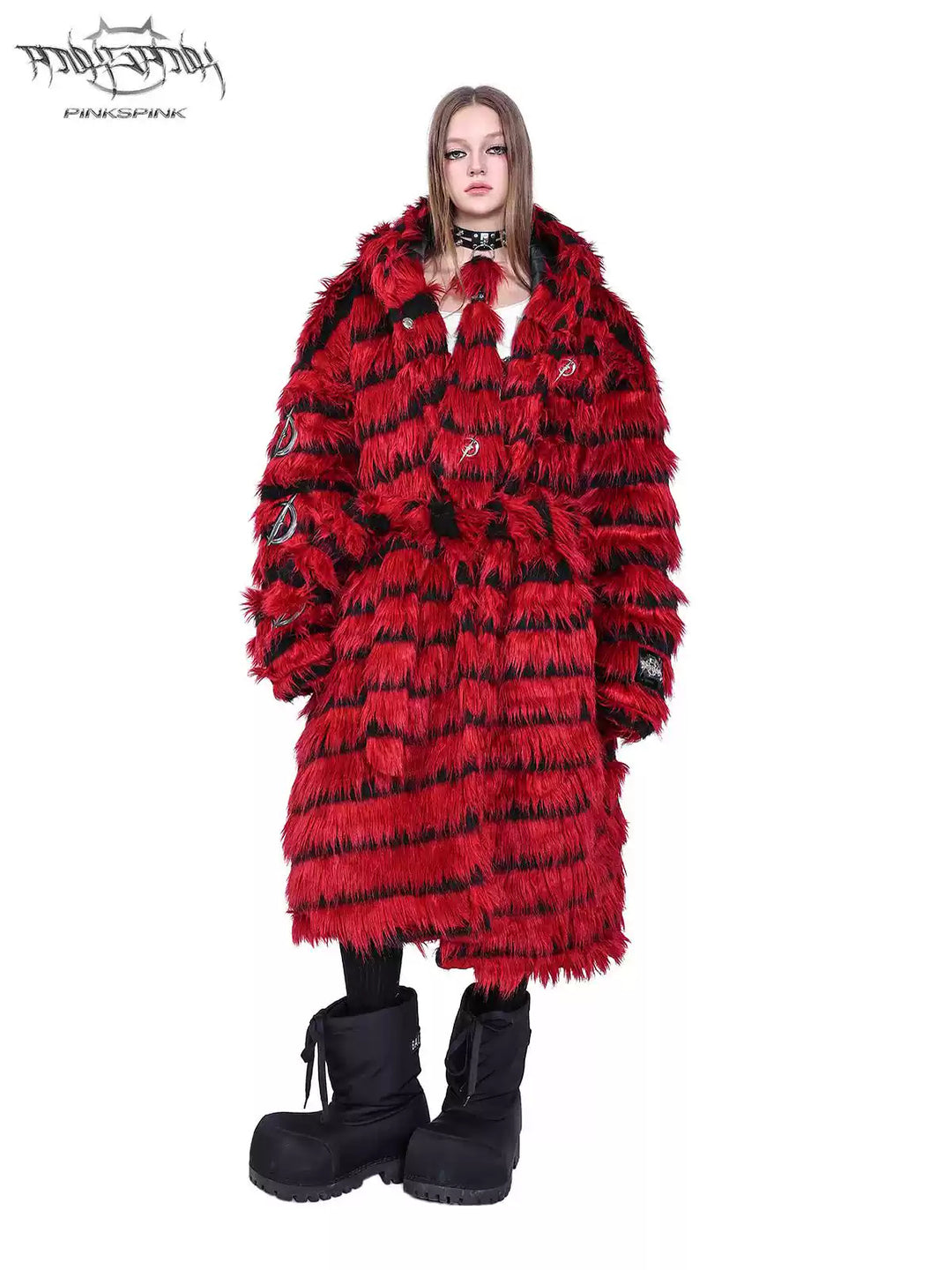 PINKSPINK ELECTRIC MOON black-red faux-fur studded collar — modeled front styling view